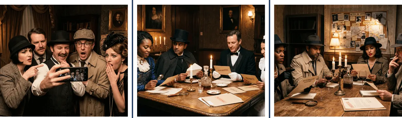 Murder Mystery Dinner Party — guests in costume solving clues at a candlelit dinner table
