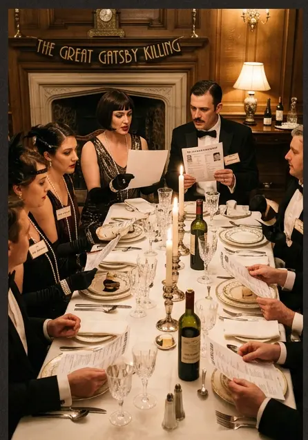 Murder Mystery inspiration — elegantly dressed group playing murder mystery at a formal dinner
