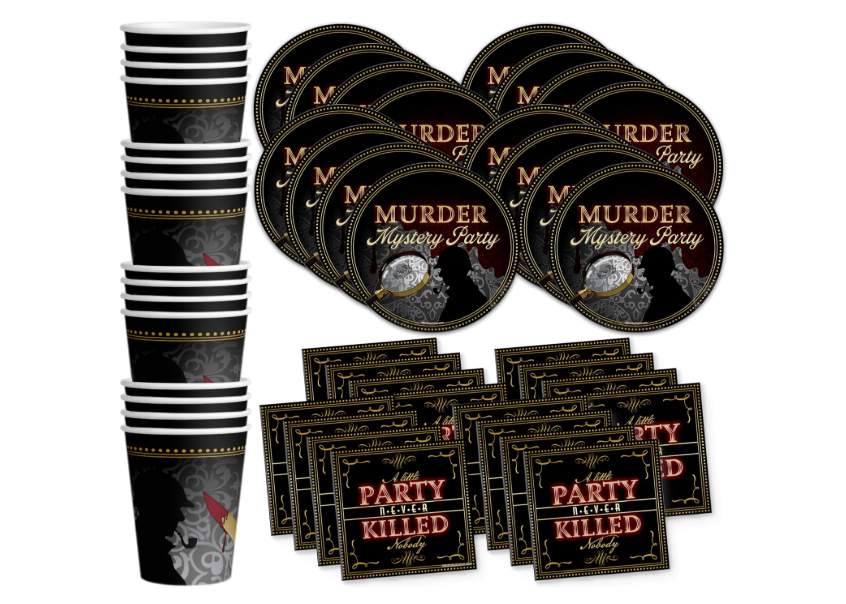 Murder Mystery Party tableware set plates cups napkins for 16 guests