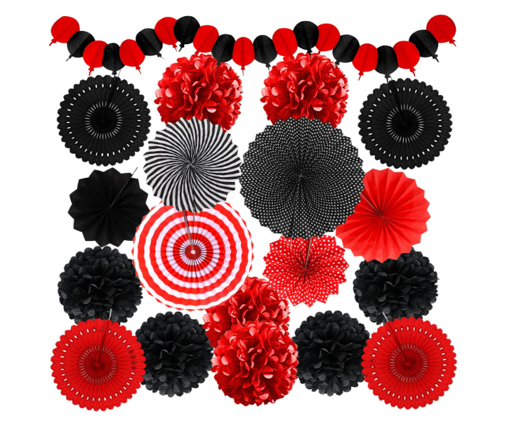 Red and black party decorations paper fans pom poms garlands birthday wedding graduation