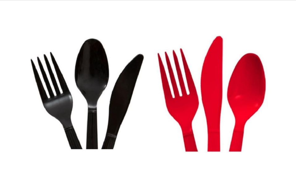 Red and black heavy duty plastic cutlery set 96 pieces forks spoons knives