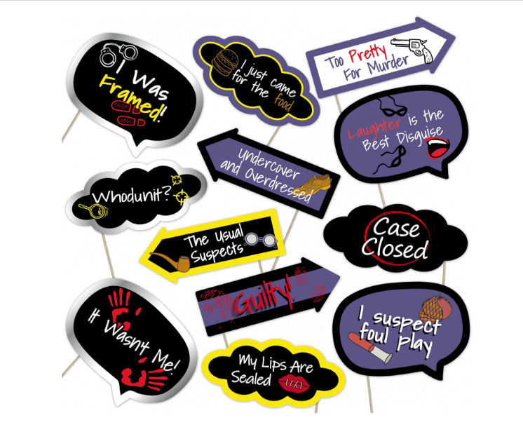 Murder mystery photo booth props whodunit case closed guilty funny signs on sticks
