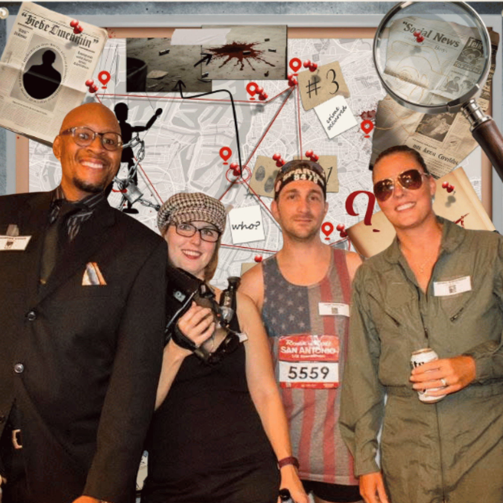 Real murder mystery party — guests posing in front of the detective evidence board backdrop