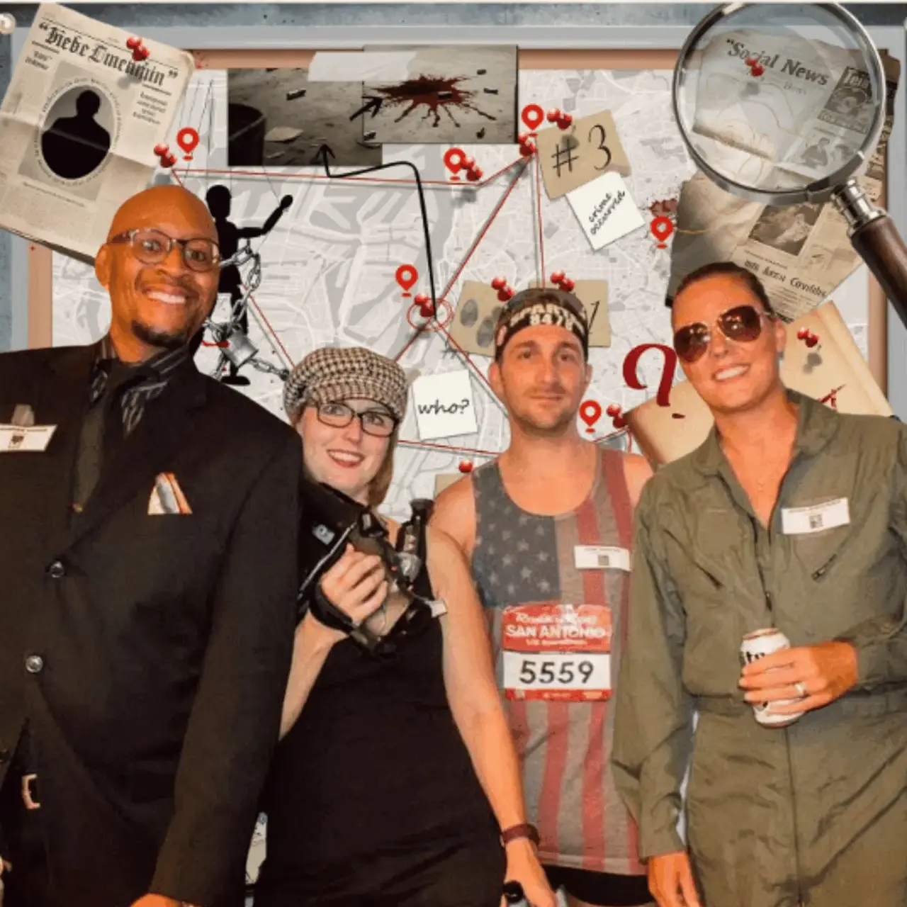 Real murder mystery party — guests posing in front of the detective evidence board backdrop