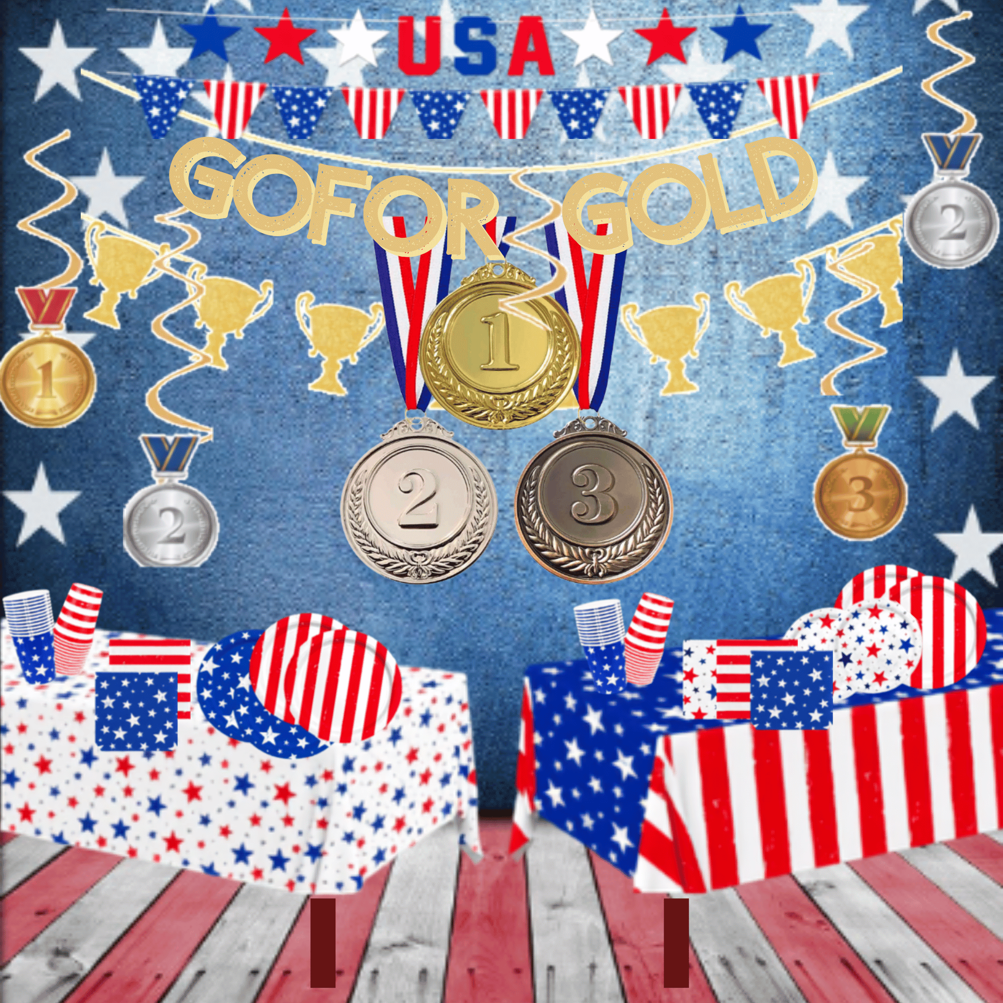Backyard Olympics inspiration — Go For Gold party decor with USA banners and medal swirls