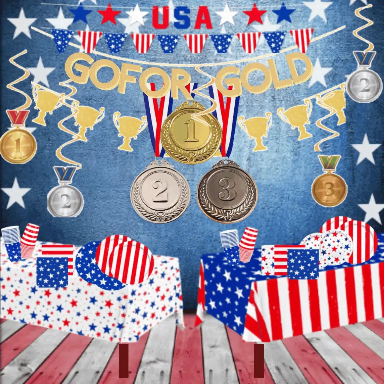 Backyard Olympics inspiration — Go For Gold party decor with USA banners and medal swirls