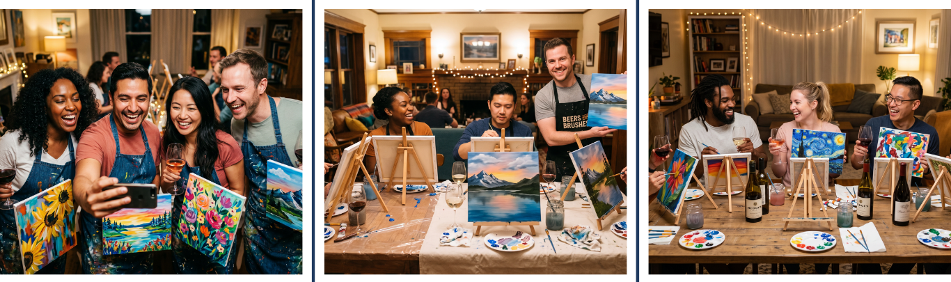 Paint & Sip Night — friends at easels laughing and painting with wine glasses in hand