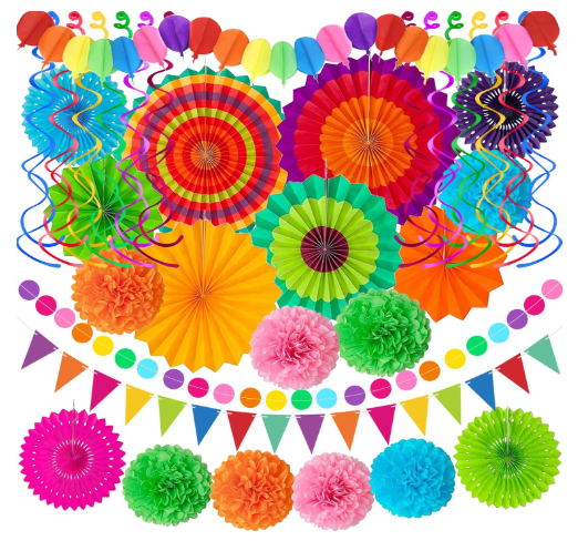 33Pcs Multi-Color Paper Fans Garlands Pom Poms Hanging Swirls