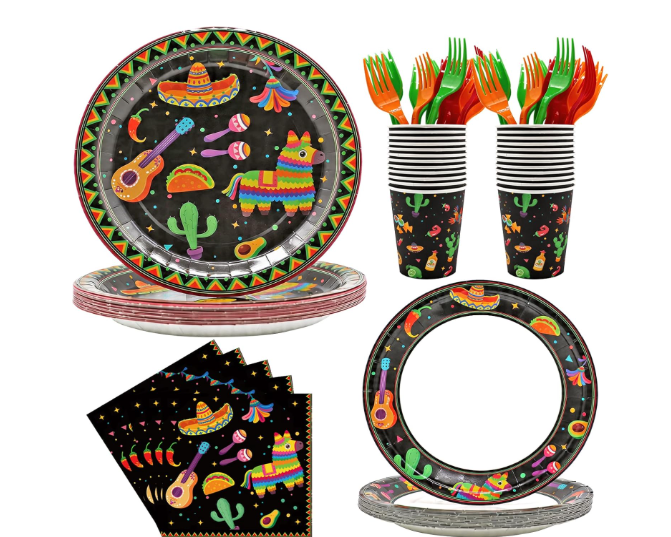 120PCS Mexican Fiesta Party Tableware — Plates Napkins Cups Forks 24 Guests