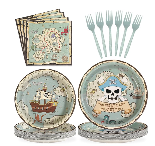 96-piece pirate party supplies vintage treasure map plates napkins tableware serves 24