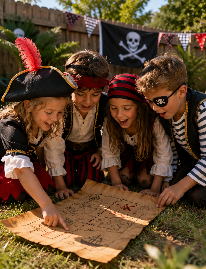 AI inspired pirate treasure hunt — kids in costume reading a treasure map in the backyard