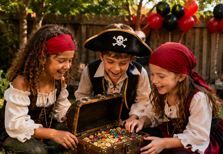 AI inspired pirate treasure hunt — three children opening a treasure chest full of gems