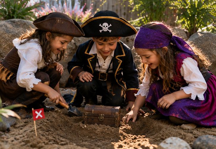 AI inspired pirate treasure hunt — kids digging up a buried treasure chest with a flag marker