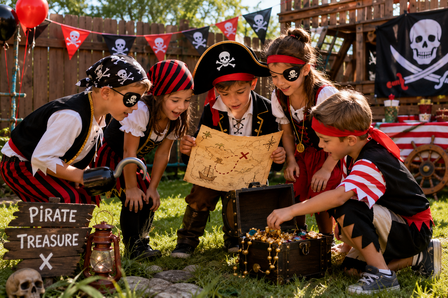 AI inspired pirate treasure hunt — group of costumed kids gathered around an open treasure chest with a map