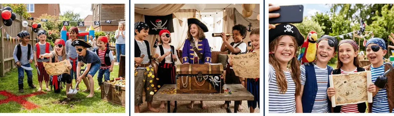 Pirate Treasure Hunt — kids in costume digging for treasure, opening a chest, and taking selfies with a treasure map