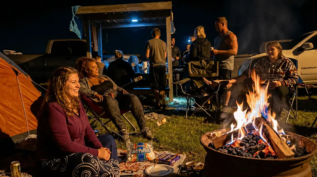 Group of friends gathered around a fire pit in a backyard at dusk