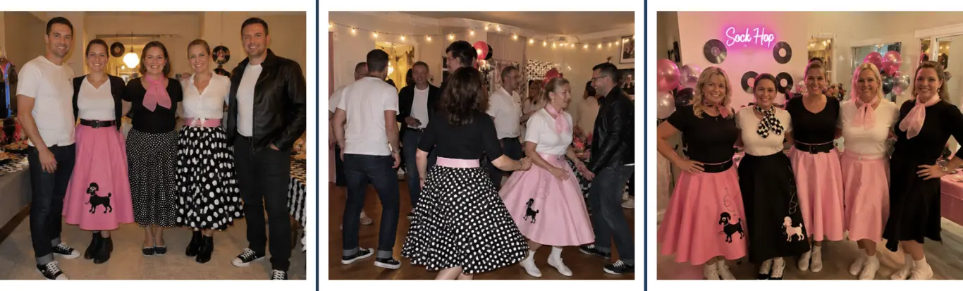 1950s Sock Hop — guests in poodle skirts and leather jackets dancing at a retro diner-themed party