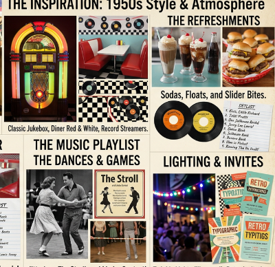 1950s Sock Hop inspiration — retro party mood board with jukebox, diner decor, sodas, floats, and slider bites