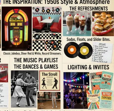 1950s Sock Hop inspiration — retro party mood board with jukebox, diner decor, sodas, floats, and slider bites