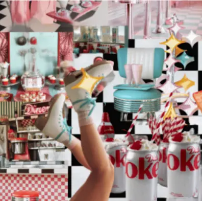1950s Sock Hop inspiration — retro diner mood board with roller skates, milkshakes, and checkered floor