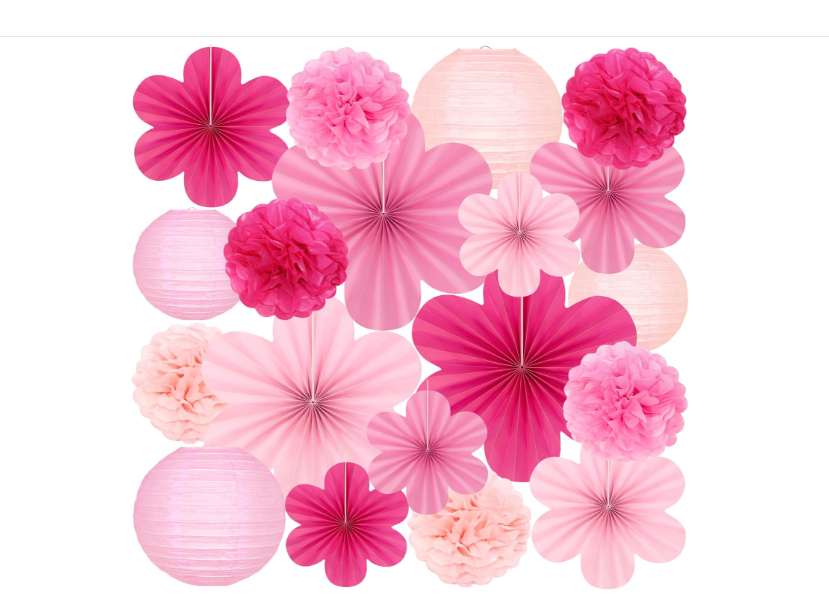 19-piece pink party decorations paper lanterns flowers pom poms floral backdrop
