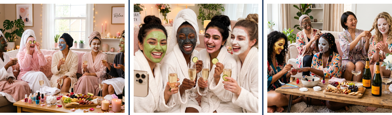 Spa Day Party — friends in robes with face masks laughing, holding champagne, and doing nails