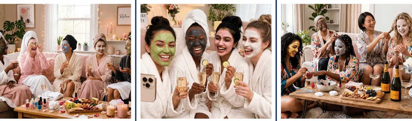 Spa Day Party — friends in robes with face masks laughing, holding champagne, and doing nails
