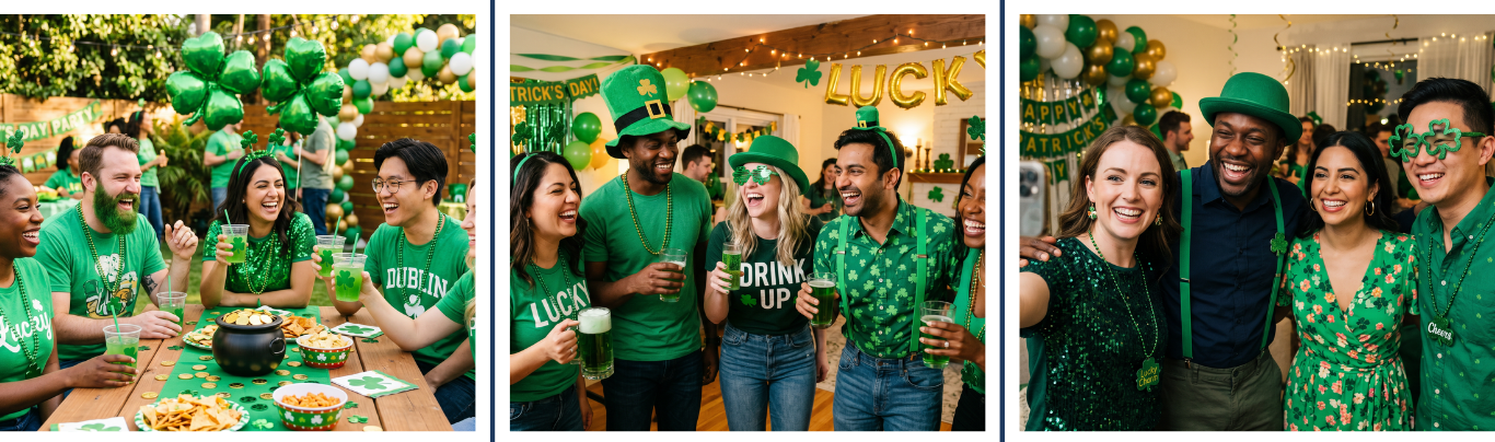 St. Patrick's Day Party — friends in green celebrating with shamrock decorations and festive drinks