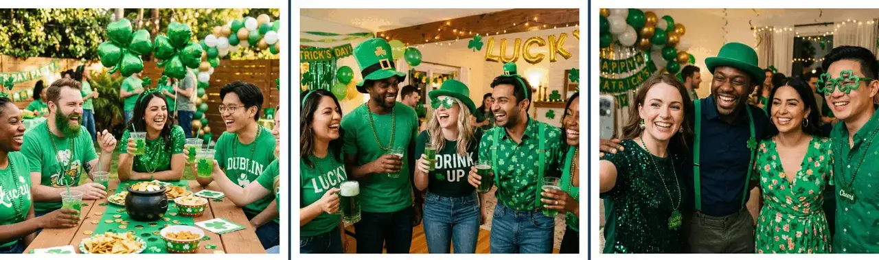 St. Patrick's Day Party — friends in green celebrating with shamrock decorations and festive drinks