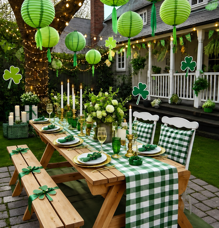 St. Patrick's Day inspiration — outdoor table set with green gingham runner, shamrock cutouts and paper lanterns in the trees