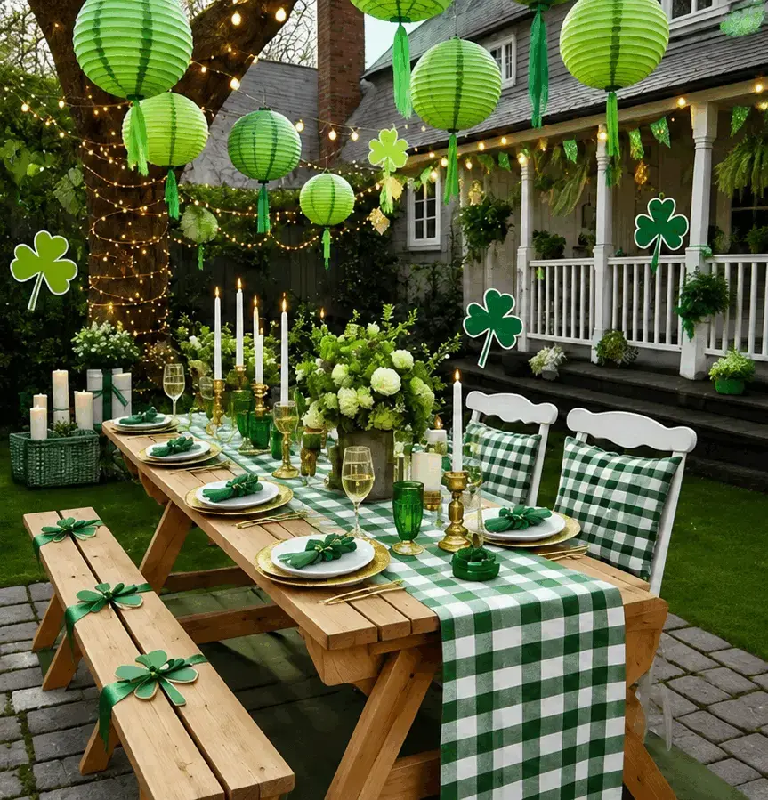 St. Patrick's Day inspiration — outdoor table set with green gingham runner, shamrock cutouts and paper lanterns in the trees