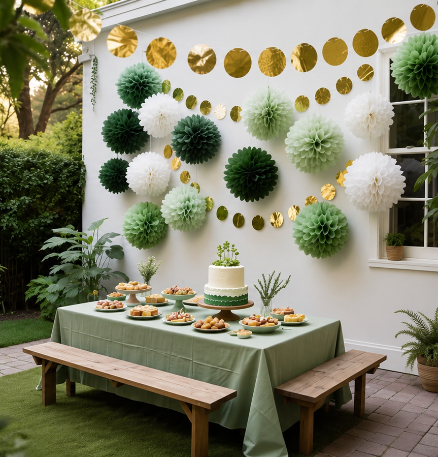 St. Patrick's Day inspiration — sage green dessert table with tissue pom poms and gold garland backdrop