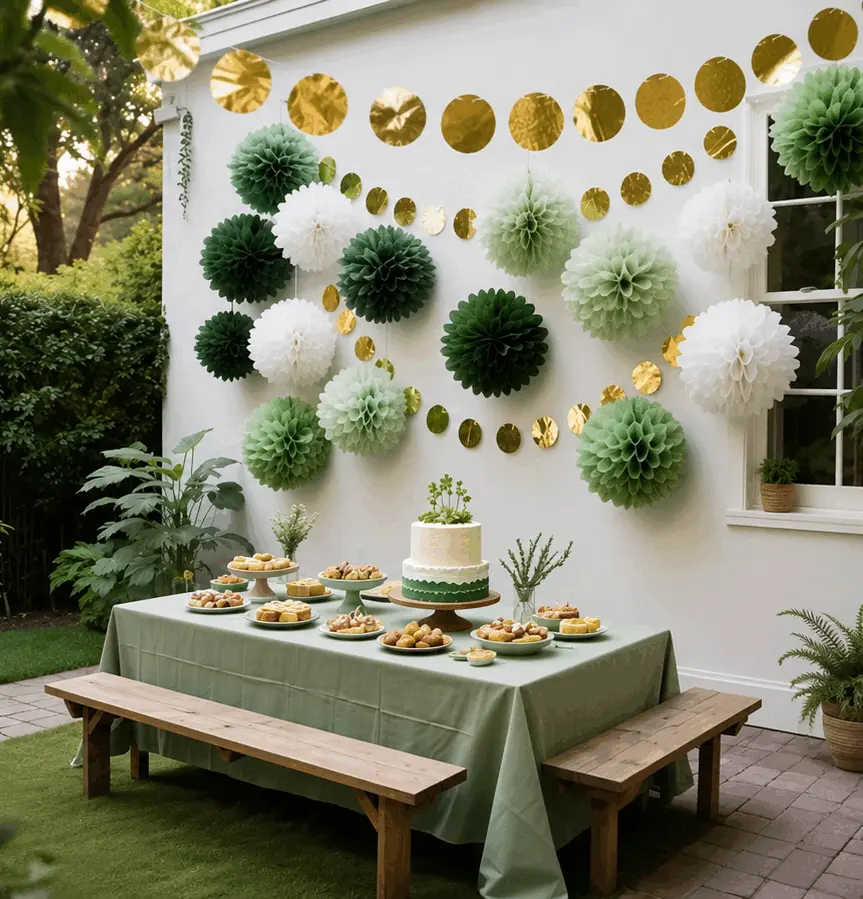 St. Patrick's Day inspiration — sage green dessert table with tissue pom poms and gold garland backdrop