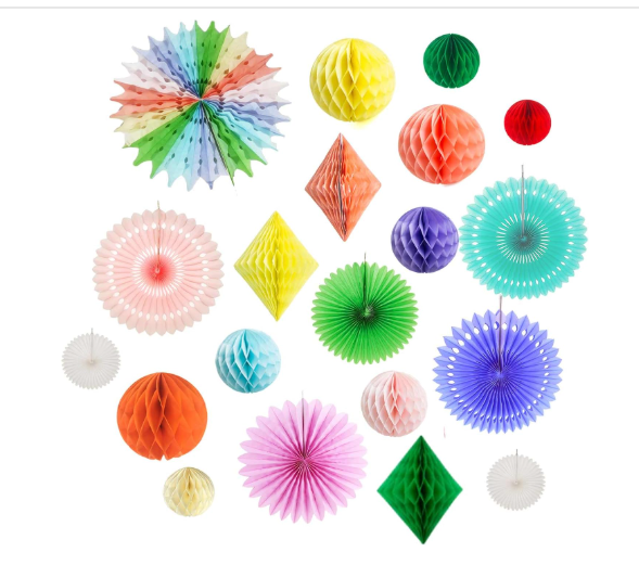 20-piece multi-color pastel rainbow paper honeycomb balls fans and diamond decorations kit