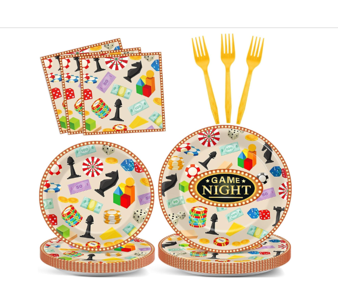 Game Night party tableware set with chess dice and game pieces themed plates napkins and forks