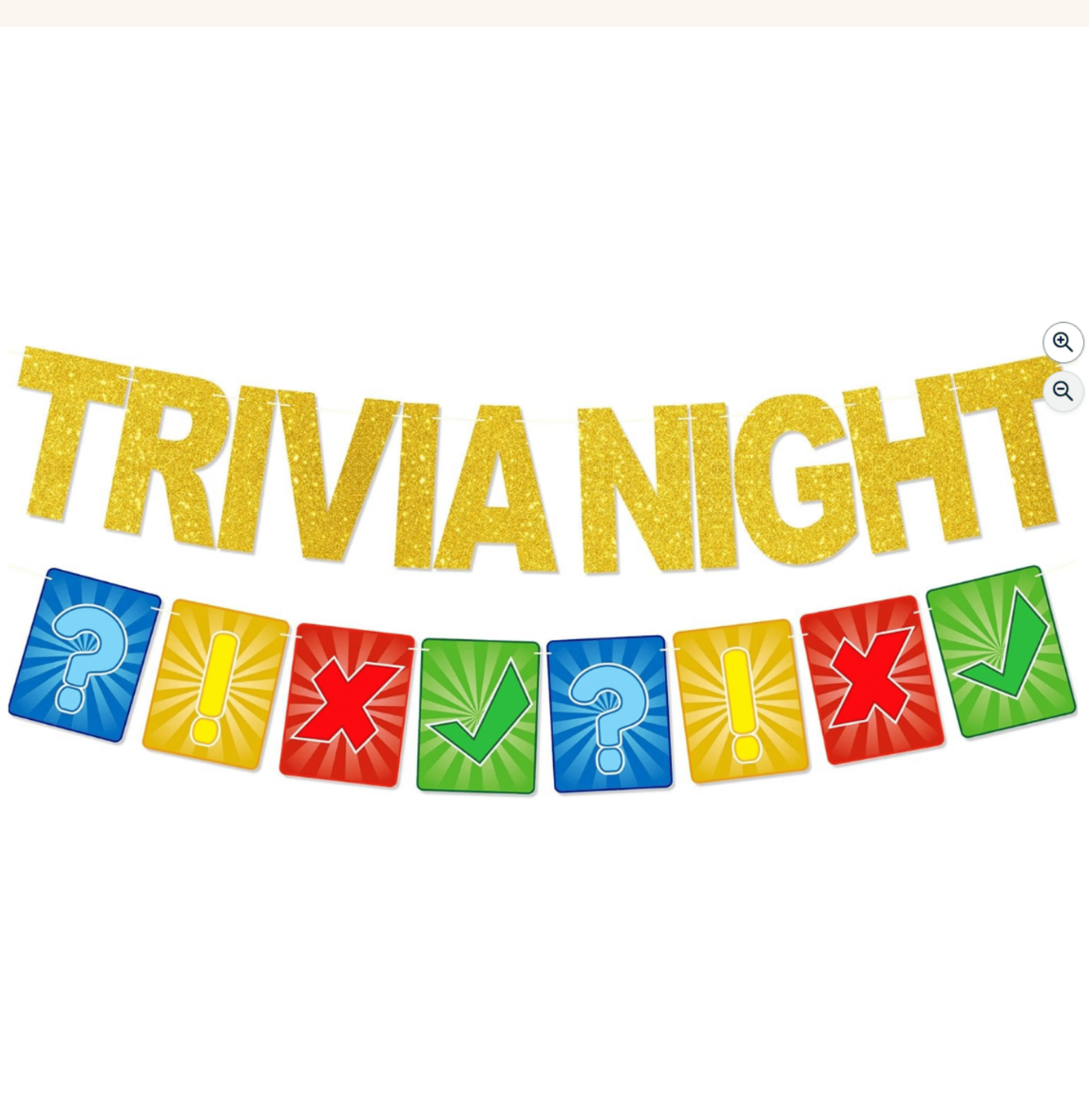 Trivia Night glitter gold banner with colorful game card garland for game night party decorations