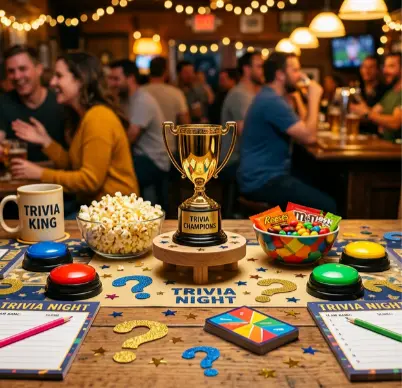 Trivia Night inspiration — UNO card centerpiece with colorful ribbons and game cards scattered on table
