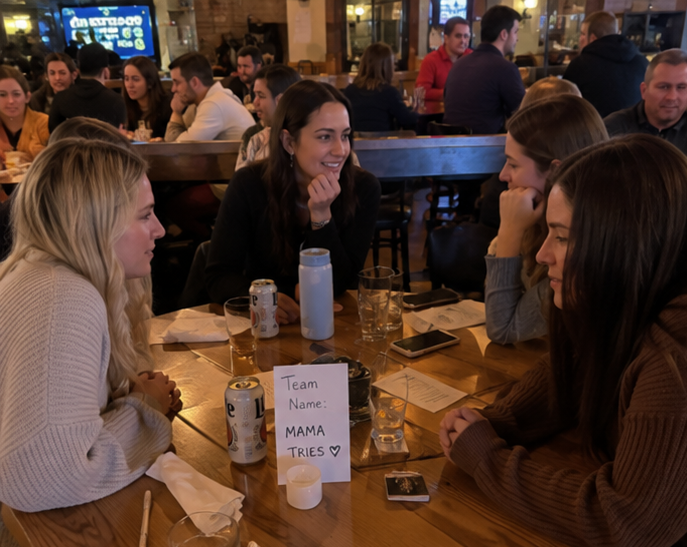 AI inspired trivia night — friends at a bar table with Team Name Mama Tries sign competing in trivia