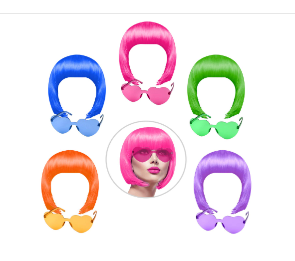 Neon bob wigs and heart sunglasses set