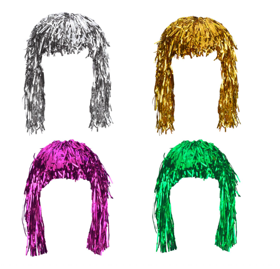 Foil tinsel wigs 4-pack