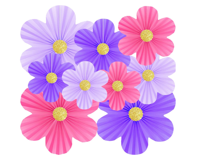 9-piece pink and purple paper flower wall decorations with gold glitter centers