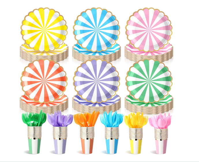 150-piece pastel scalloped paper plates disposable macaron striped rainbow tableware set serves 30