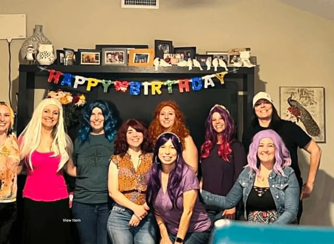 Real wig party — large group of women in assorted colorful wigs together