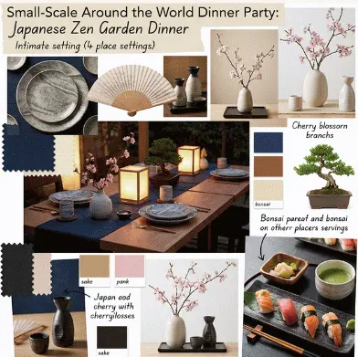 Small-scale Around the World Dinner Party — Japanese Zen Garden Dinner with cherry blossom branches, sake, and sushi