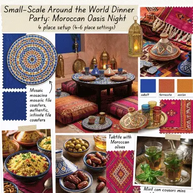 Small-scale Around the World Dinner Party — Moroccan Oasis Night with mosaic tile coasters, tagine, and mint tea
