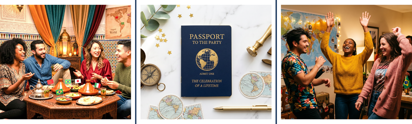 Around the World Dinner Party — guests gathered around a table with international dishes, passport decor, and globe lanterns