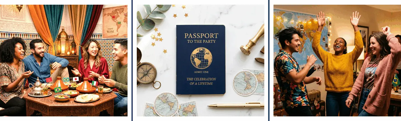 Around the World Dinner Party — guests gathered around a table with international dishes, passport decor, and globe lanterns